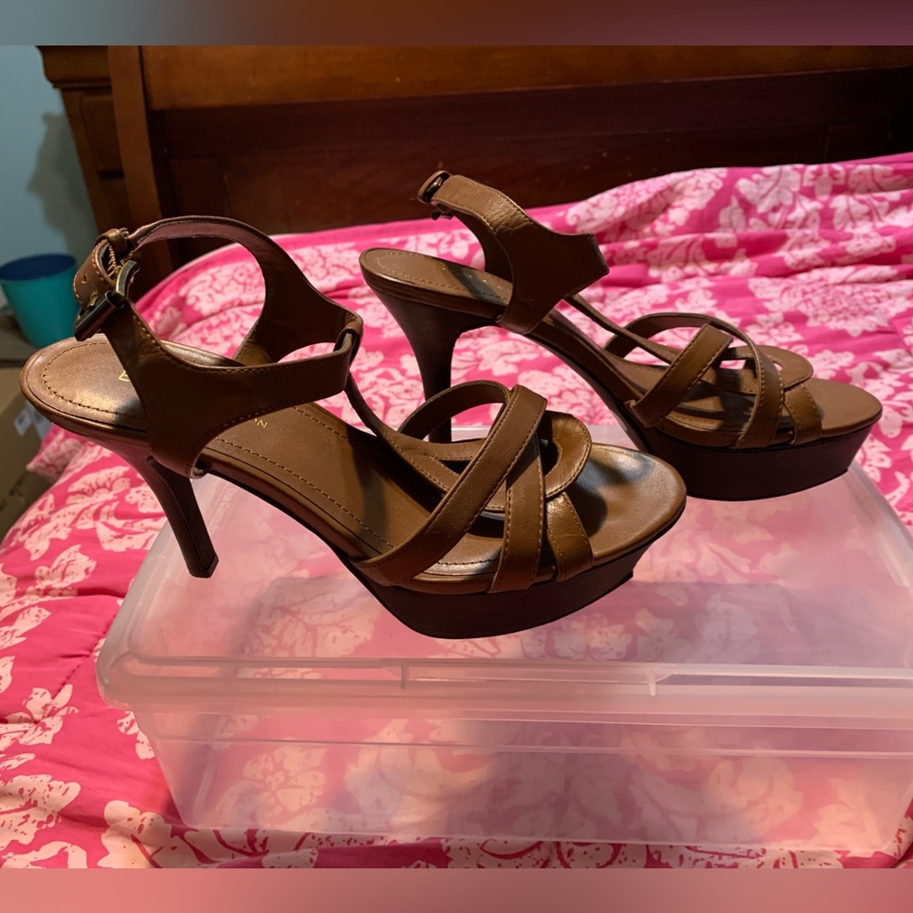 BCBGeneration leather strappy platform heels brow… - image 4